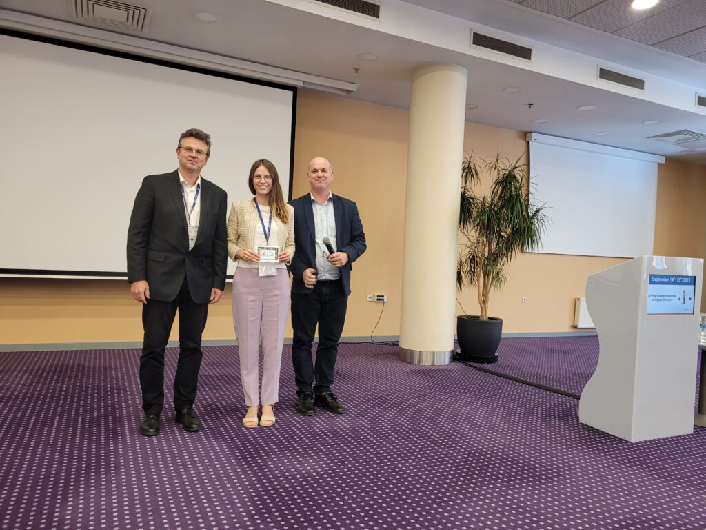 13th Paul Walden Symposium Poster prize award ceremony, from left - Edgars Suna, Laura Laimiņa , Aigars Jirgensons, Riga 2023
